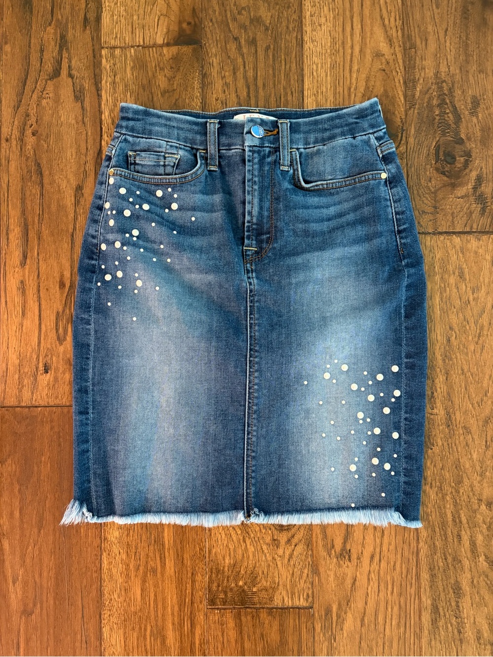 7 for all mankind pearl embellished distressed denim skirt